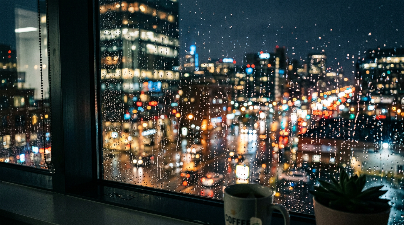 Raindrops on office window with blurred city lights