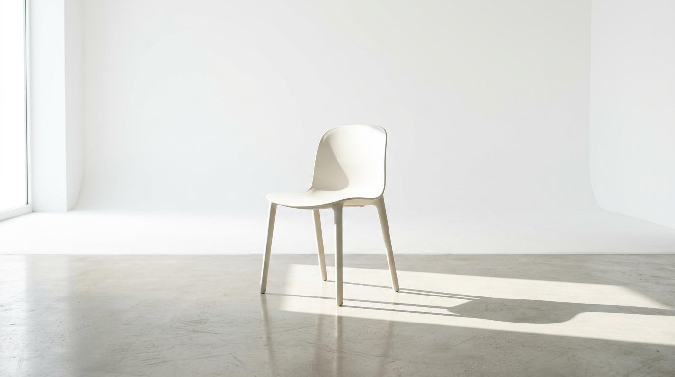 Single molded chair in empty studio space with side light