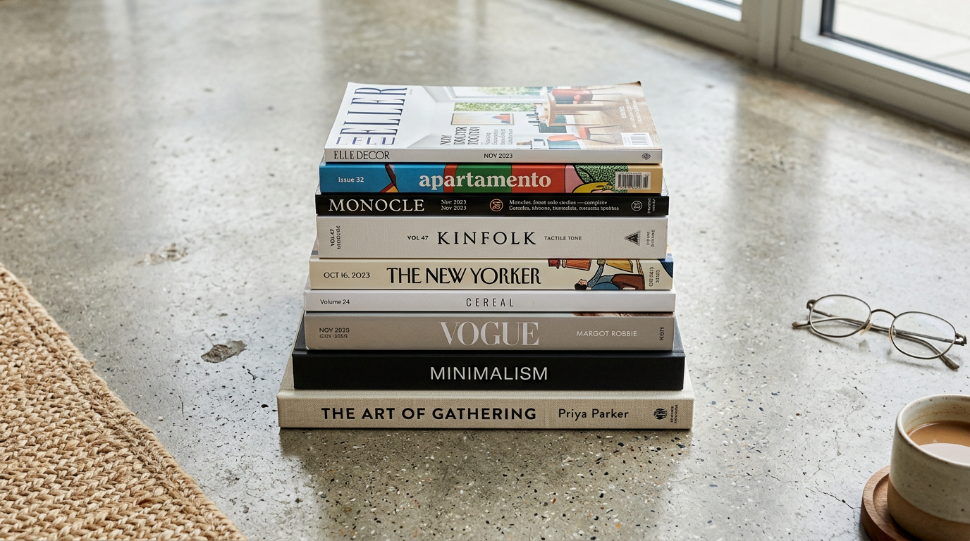 Stack of magazines and books on polished concrete floor