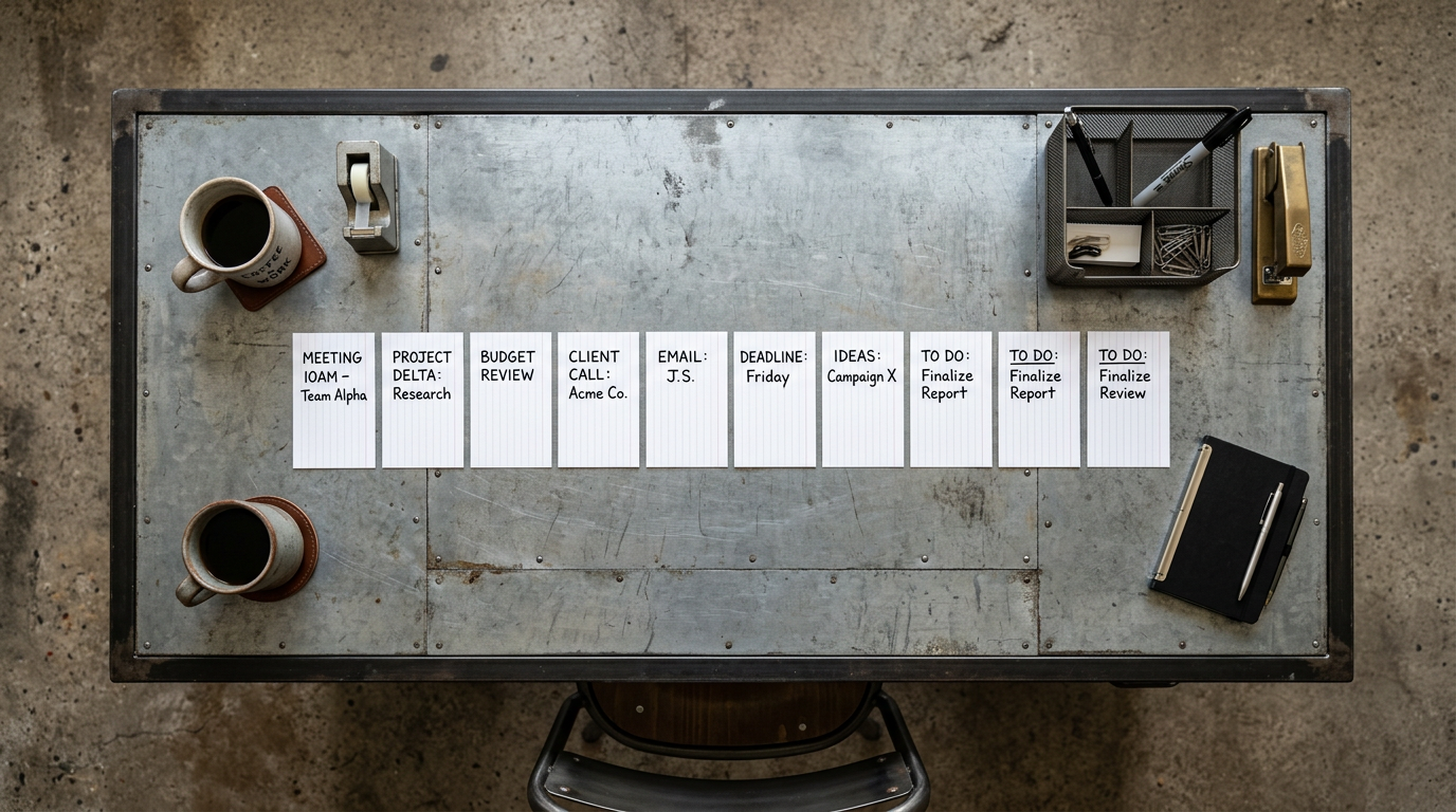 Metal desk with index cards in neat row