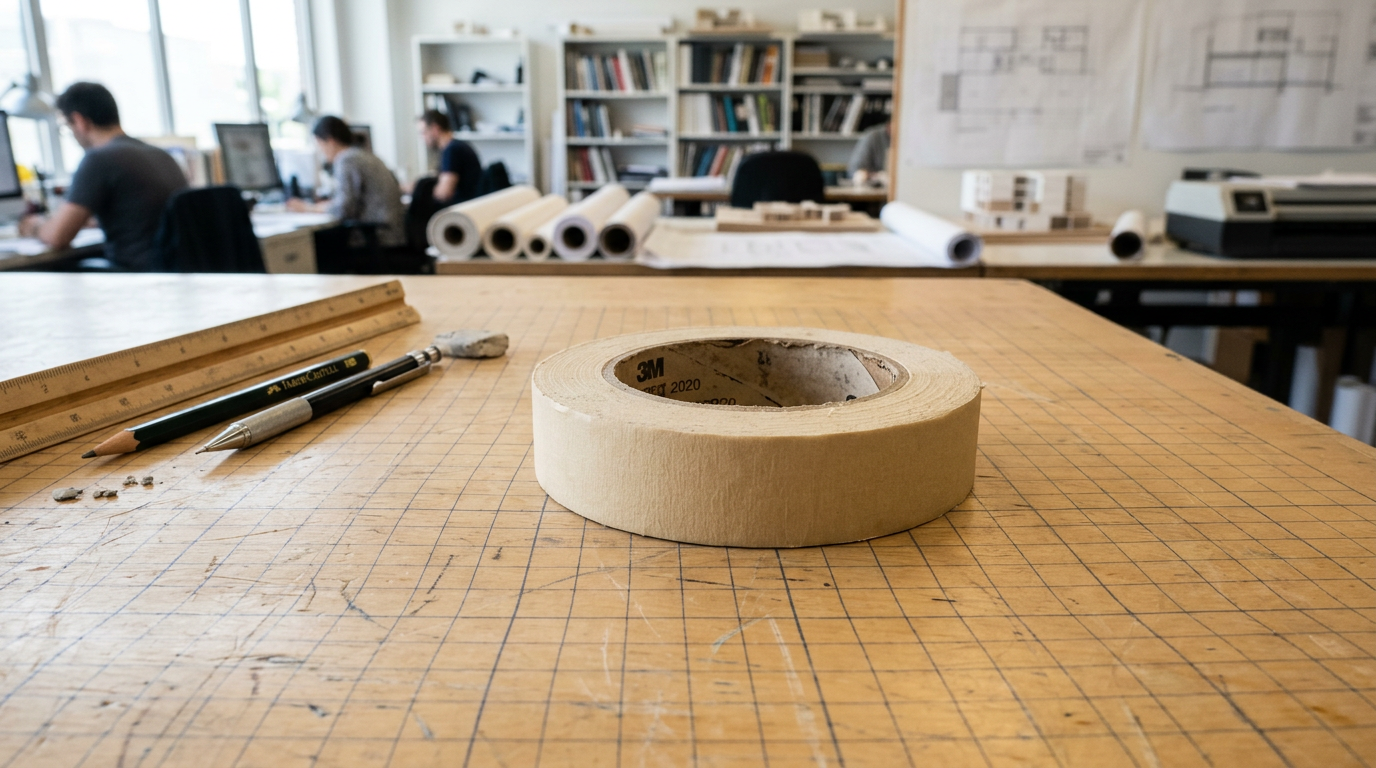 Masking tape roll on drafting table with grid lines
