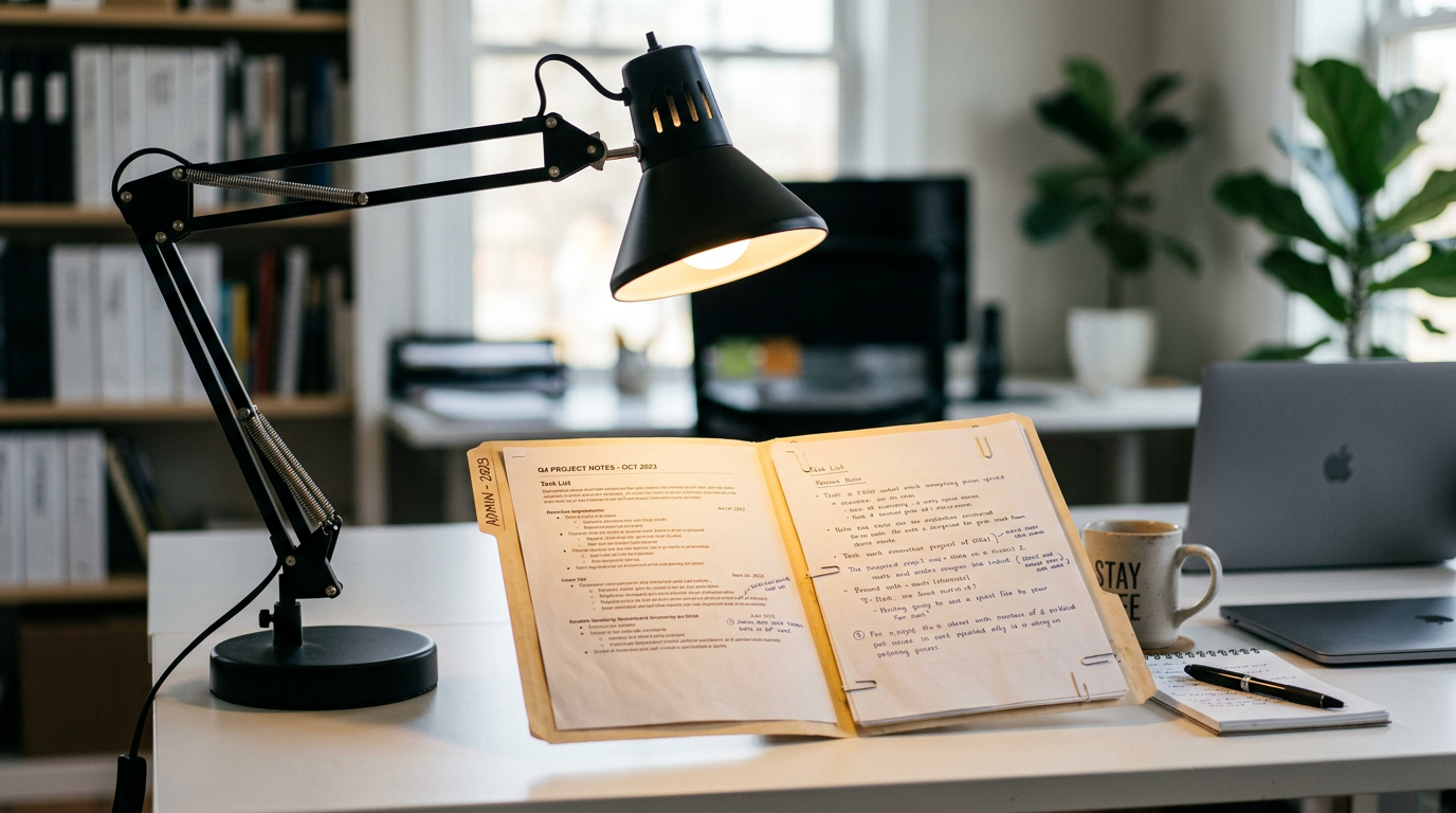 Articulating desk lamp over open folder on minimal desk