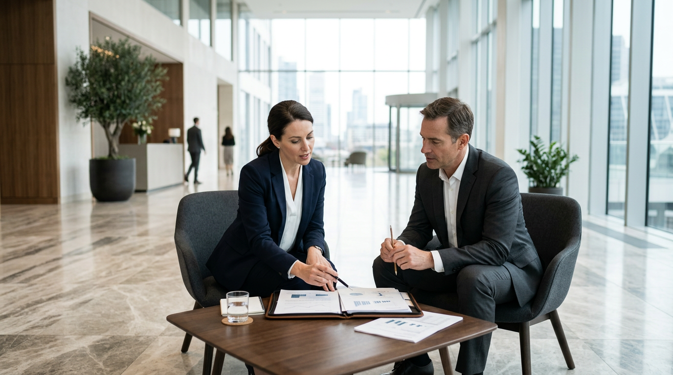 Financial advisors reviewing documents in a bright modern atrium