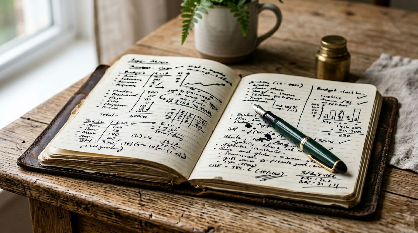 Notebook with budgeting notes and a pen on a desk