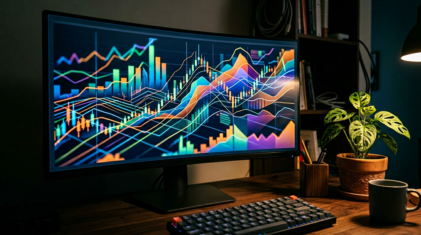 Computer monitor showing investment performance charts in dim office light