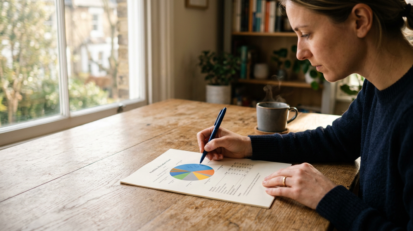 Printed portfolio allocation review on a desk with coffee cup